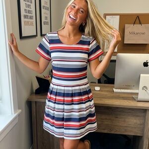 Mikarose Satin lined Striped Navy & Red capped Sleeve Fit & Flare Dress sz small